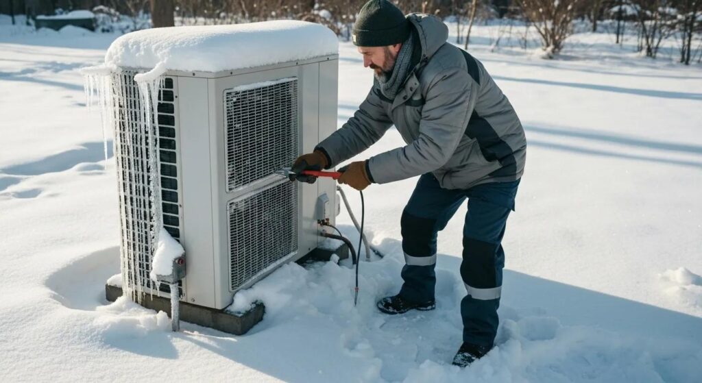A technician performing maintenance on an outdoor heat pump unit in winter conditions