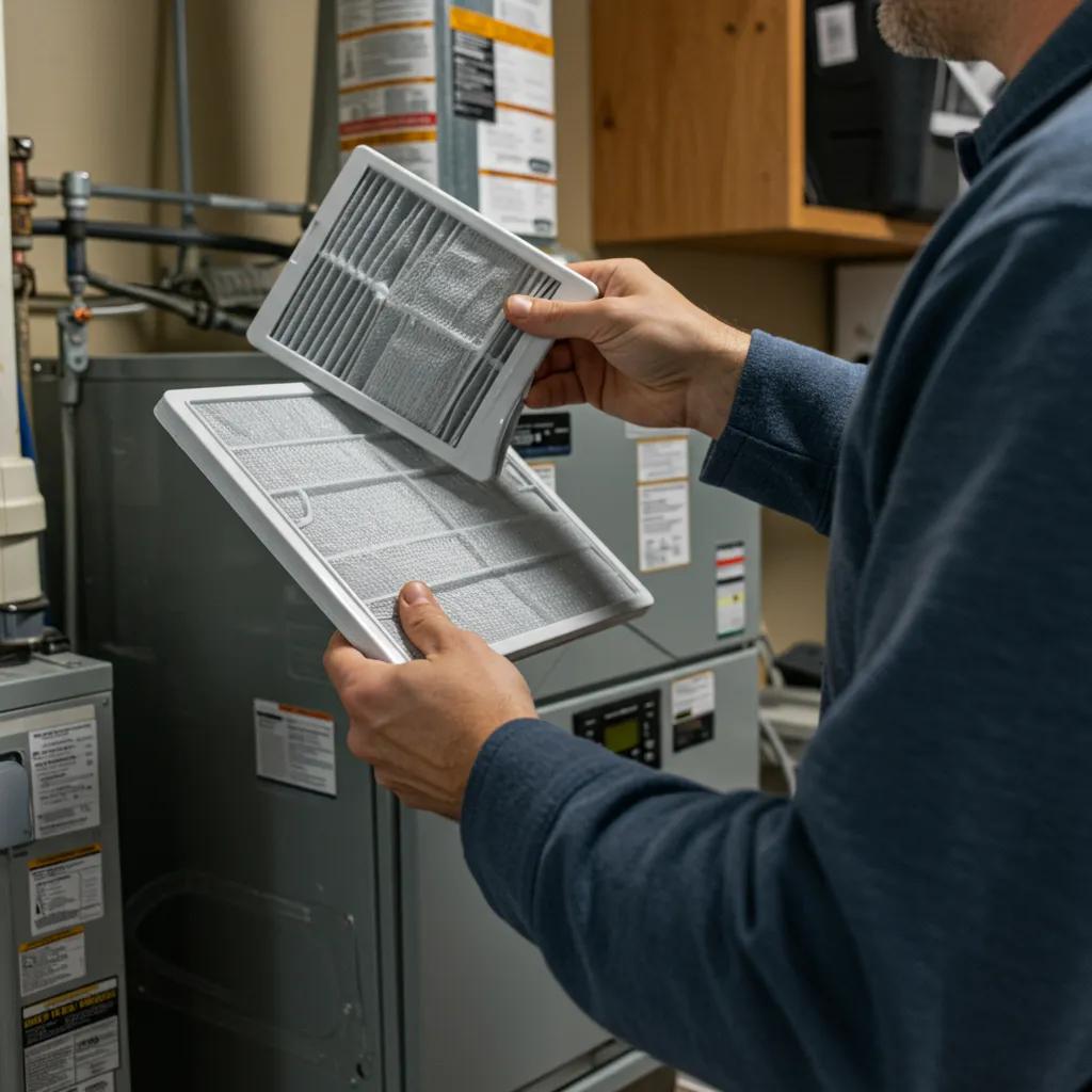 A homeowner replacing a furnace air filter in a utility room